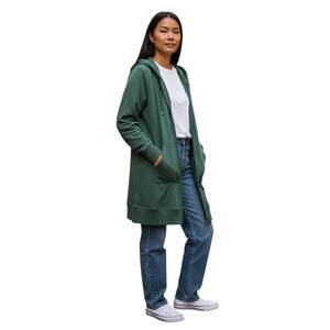 DENIM & CO Women's Petite L LP Tunic Hoodie Jacket Green Full Zip Drawstring 44"